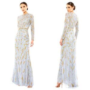 NEW! Mac Duggal Platinum Silver Gold Paisley Beaded Long Sleeve Gown SZ 6